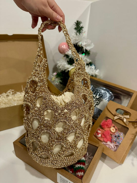 Handmade Metallic Playcode Olive Bag – Mini Shiny Crochet Bag