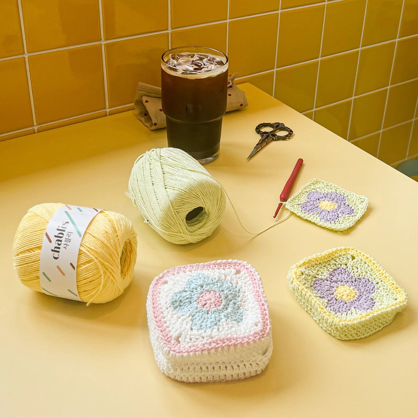 Yarn-a DIY Kits - Chablis Check Net Flower Pocket Bag