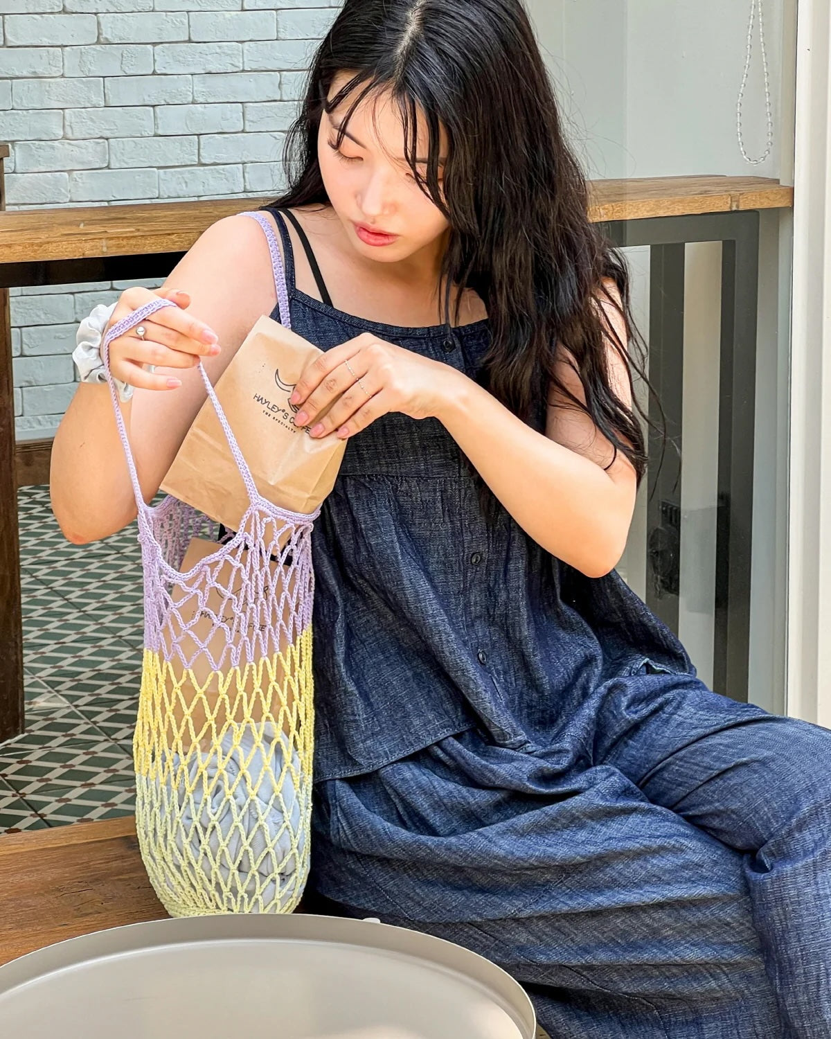 Yarn-a DIY Kits - Chablis Check Net Flower Pocket Bag