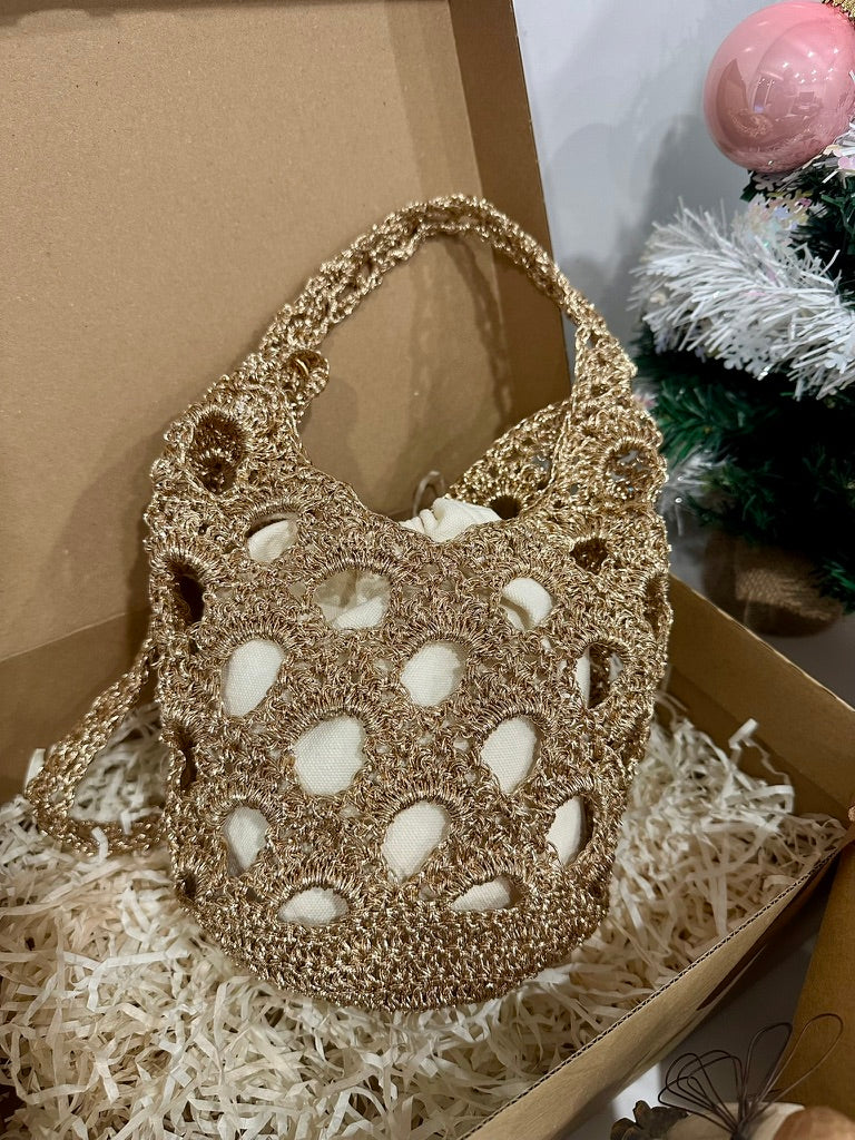 Handmade Metallic Playcode Olive Bag – Mini Shiny Crochet Bag