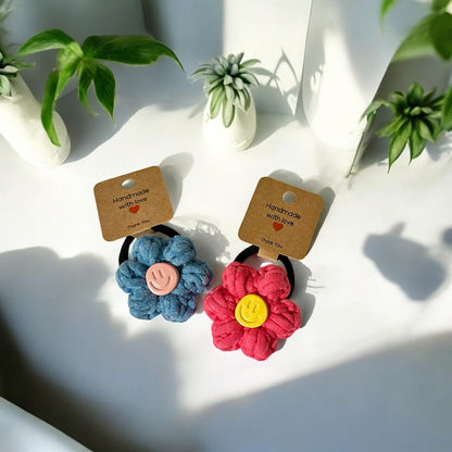 Handmade Crochet Hair Ties - Smiley 3D Flower
